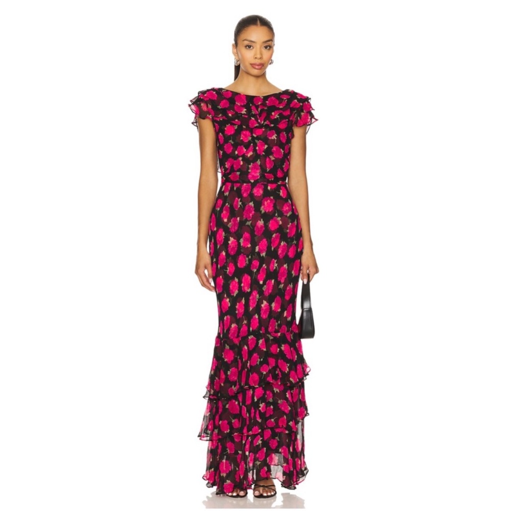 RIXO Black Maxi Dress with Pink Floral Print